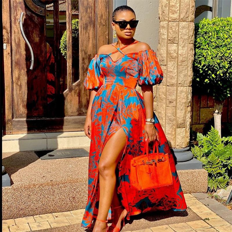 2025 Trendy Printed Maxi Dress | Halter Neck V-Neck Tube Top Design with High Slit | Breathable & Slimming African Fashion Ladies Long Skirt