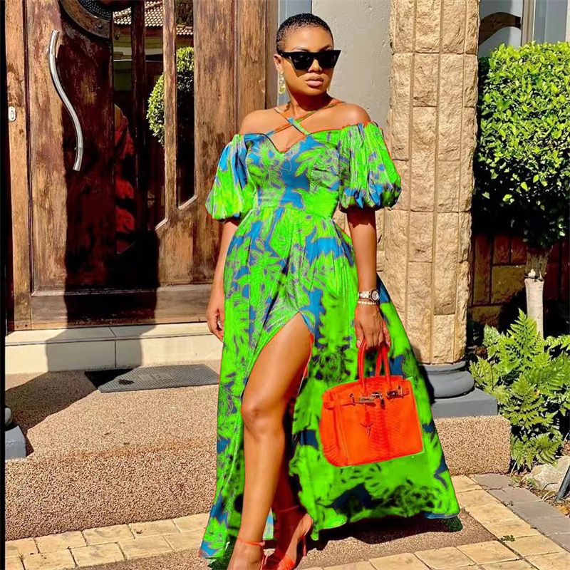 2025 Trendy Printed Maxi Dress | Halter Neck V-Neck Tube Top Design with High Slit | Breathable & Slimming African Fashion Ladies Long Skirt