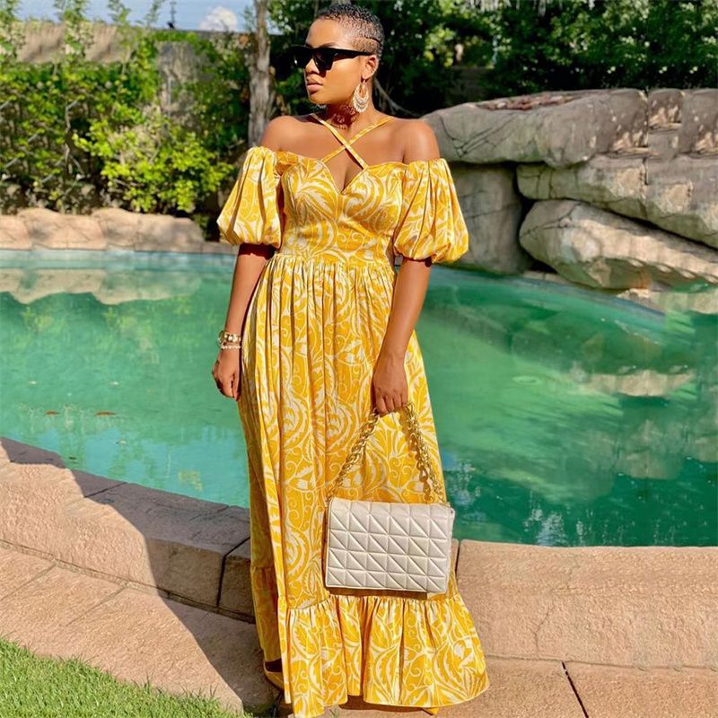 2025 Trendy Printed Maxi Dress | Halter Neck V-Neck Tube Top Design with High Slit | Breathable & Slimming African Fashion Ladies Long Skirt