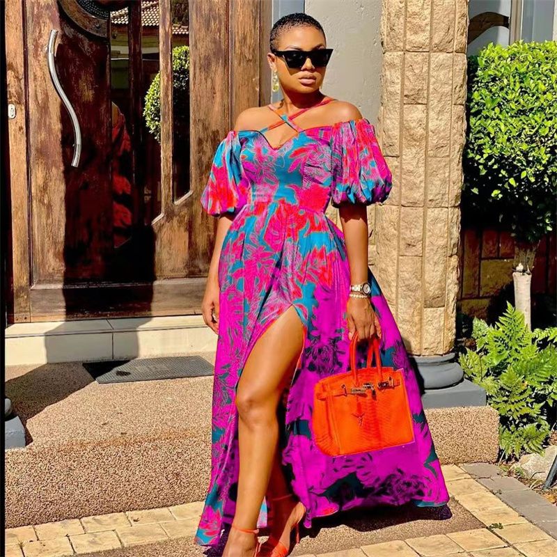 2025 Trendy Printed Maxi Dress | Halter Neck V-Neck Tube Top Design with High Slit | Breathable & Slimming African Fashion Ladies Long Skirt