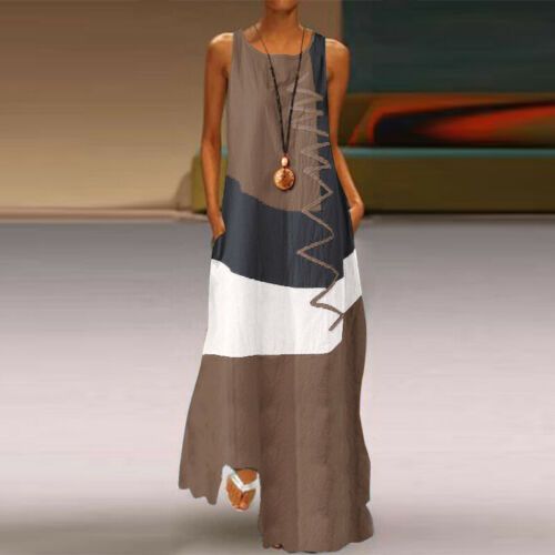 2025 Summer Retro Contrast Stitch Sleeveless Maxi Dress - Breathable Cotton Linen Blend for Women
