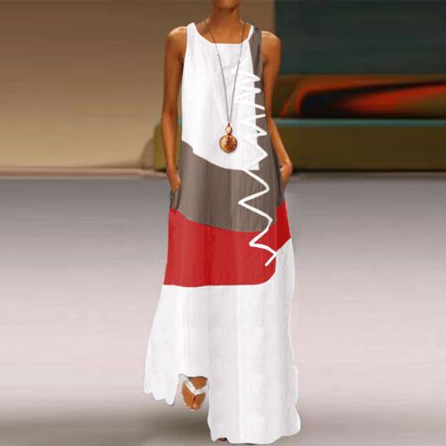 2025 Summer Retro Contrast Stitch Sleeveless Maxi Dress - Breathable Cotton Linen Blend for Women
