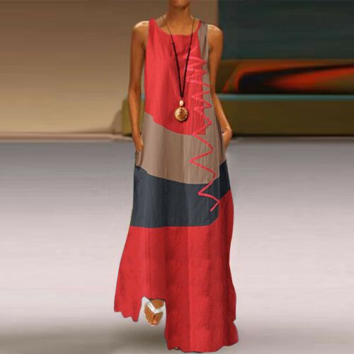 2025 Summer Retro Contrast Stitch Sleeveless Maxi Dress - Breathable Cotton Linen Blend for Women