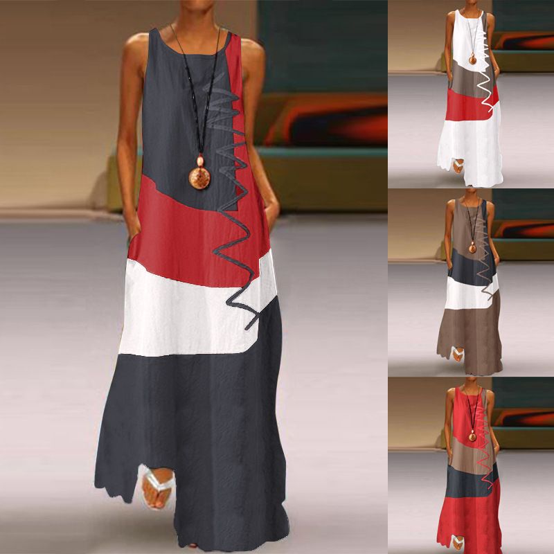 2025 Summer Retro Contrast Stitch Sleeveless Maxi Dress - Breathable Cotton Linen Blend for Women
