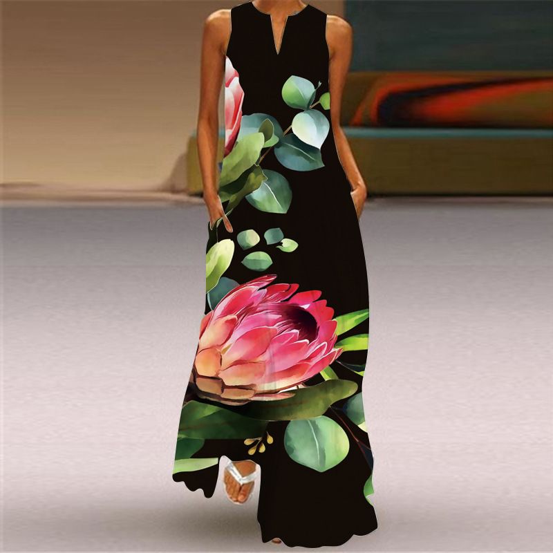 2025 Summer New Fashion Dresses Retro Print Sleeveless V-neck Long Skirt with Pockets | Loose Fit Flowy Floor-Length Design | Breathable & Slimming Elegant Temperament Dress for Lady