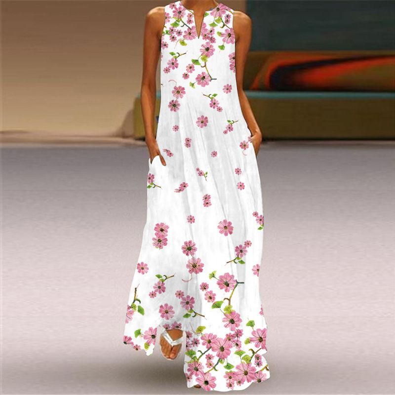 2025 Summer New Fashion Dresses Retro Print Sleeveless V-neck Long Skirt with Pockets | Loose Fit Flowy Floor-Length Design | Breathable & Slimming Elegant Temperament Dress for Lady