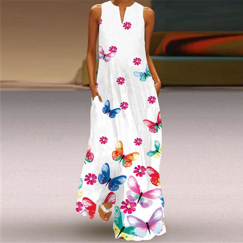 2025 Summer New Fashion Dresses Retro Print Sleeveless V-neck Long Skirt with Pockets | Loose Fit Flowy Floor-Length Design | Breathable & Slimming Elegant Temperament Dress for Lady