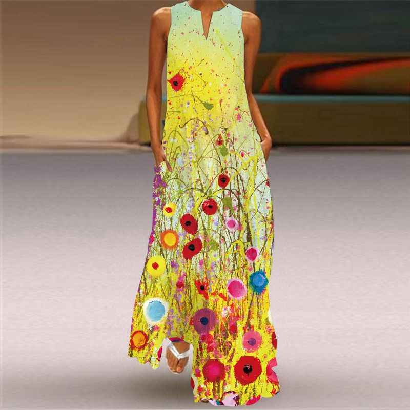 2025 Summer New Fashion Dresses Retro Print Sleeveless V-neck Long Skirt with Pockets | Loose Fit Flowy Floor-Length Design | Breathable & Slimming Elegant Temperament Dress for Lady