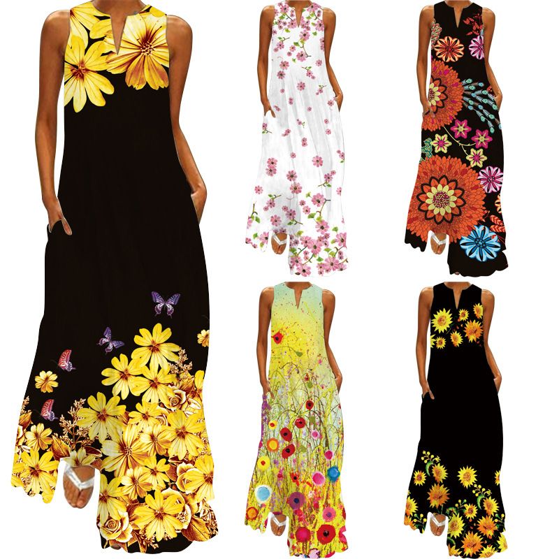 2025 Summer New Fashion Dresses Retro Print Sleeveless V-neck Long Skirt with Pockets | Loose Fit Flowy Floor-Length Design | Breathable & Slimming Elegant Temperament Dress for Lady