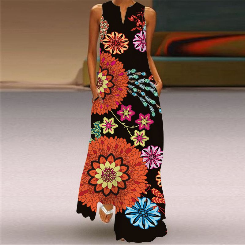 2025 Summer New Fashion Dresses Retro Print Sleeveless V-neck Long Skirt with Pockets | Loose Fit Flowy Floor-Length Design | Breathable & Slimming Elegant Temperament Dress for Lady
