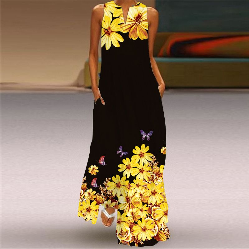 2025 Summer New Fashion Dresses Retro Print Sleeveless V-neck Long Skirt with Pockets | Loose Fit Flowy Floor-Length Design | Breathable & Slimming Elegant Temperament Dress for Lady