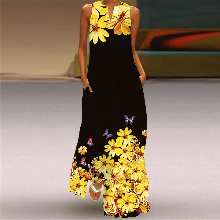 2025 Summer New Fashion Dresses Retro Print Sleeveless V-neck Long Skirt with Pockets | Loose Fit Flowy Floor-Length Design | Breathable & Slimming Elegant Temperament Dress for Lady