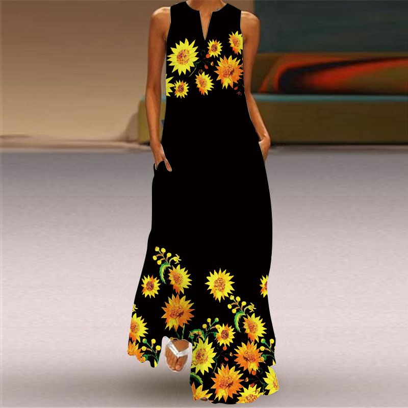 2025 Summer New Fashion Dresses Retro Print Sleeveless V-neck Long Skirt with Pockets | Loose Fit Flowy Floor-Length Design | Breathable & Slimming Elegant Temperament Dress for Lady