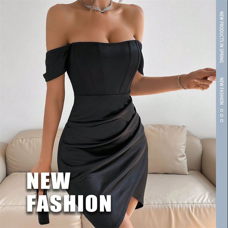 2025 New Fashion Women's Dress One-Shoulder Asymmetrical Pleated Bodycon Elegant Party Evening Gown with Slim Fit & Sculpted Silhouette Lady Skirt