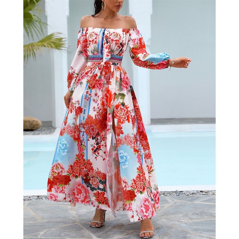 2025 New Women's One-Shoulder Floral Print Vintage-Inspired Maxi Dress – Elegant Holiday Party Gown with Waist-Defining Cut High-Low Slit & Breathable A-Line Silhouette