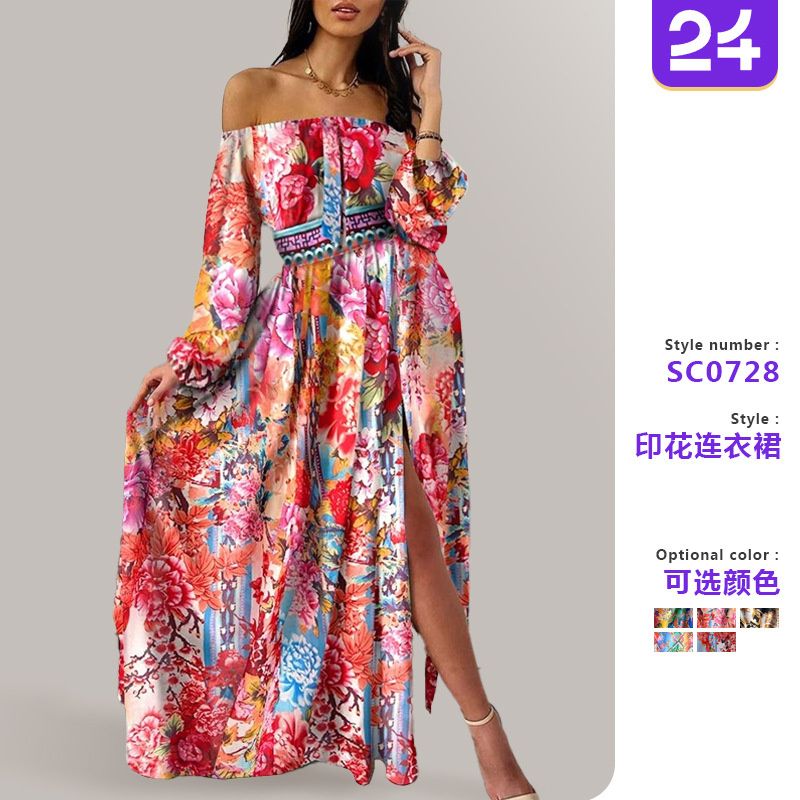 2025 New Women's One-Shoulder Floral Print Vintage-Inspired Maxi Dress – Elegant Holiday Party Gown with Waist-Defining Cut High-Low Slit & Breathable A-Line Silhouette