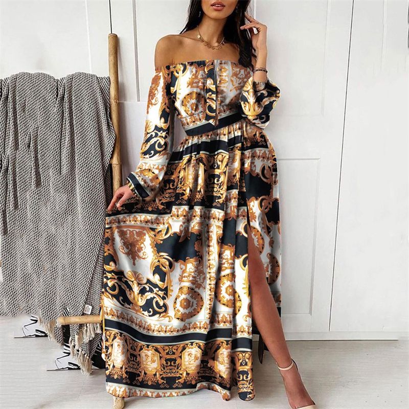 2025 New Women's One-Shoulder Floral Print Vintage-Inspired Maxi Dress – Elegant Holiday Party Gown with Waist-Defining Cut High-Low Slit & Breathable A-Line Silhouette