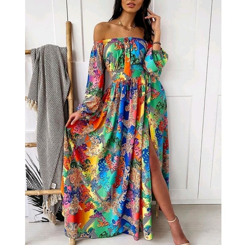 2025 New Women's One-Shoulder Floral Print Vintage-Inspired Maxi Dress – Elegant Holiday Party Gown with Waist-Defining Cut High-Low Slit & Breathable A-Line Silhouette