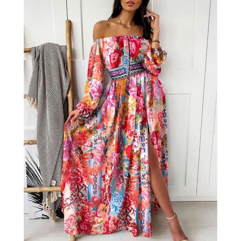 2025 New Women's One-Shoulder Floral Print Vintage-Inspired Maxi Dress – Elegant Holiday Party Gown with Waist-Defining Cut High-Low Slit & Breathable A-Line Silhouette