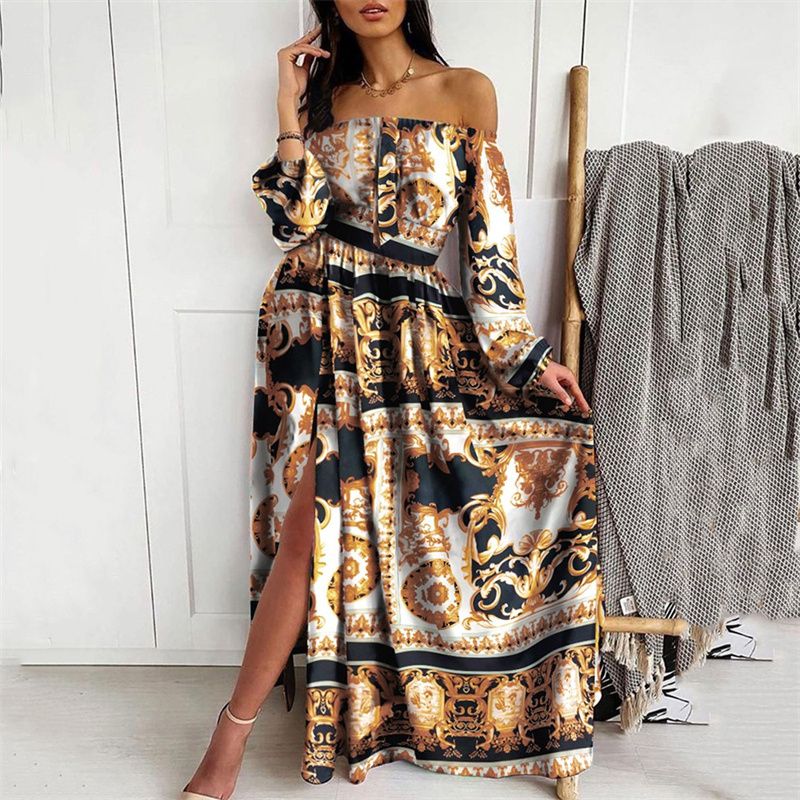 2025 New Women's One-Shoulder Floral Print Vintage-Inspired Maxi Dress – Elegant Holiday Party Gown with Waist-Defining Cut High-Low Slit & Breathable A-Line Silhouette