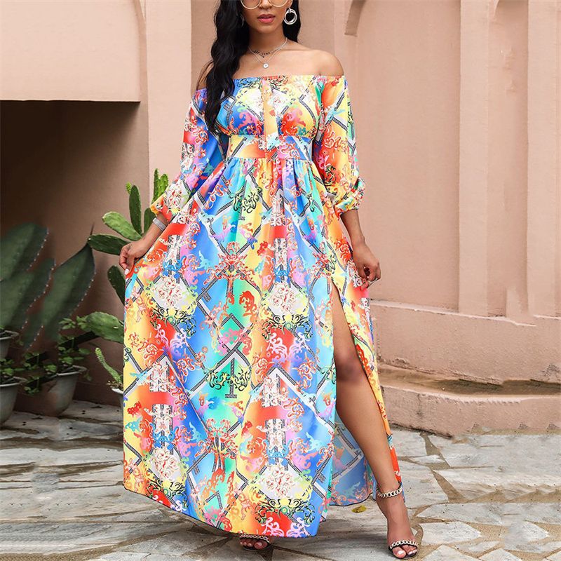 2025 New Women's One-Shoulder Floral Print Vintage-Inspired Maxi Dress – Elegant Holiday Party Gown with Waist-Defining Cut High-Low Slit & Breathable A-Line Silhouette