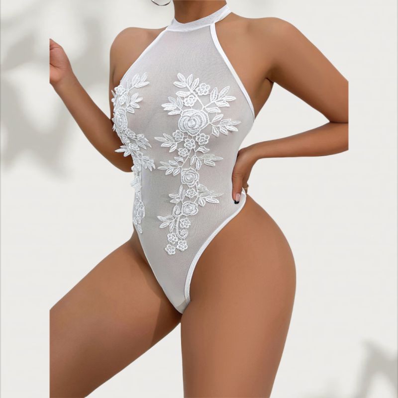 Euro-American New Sexy Lingerie Bodysuit Sheer Mesh Fabric Floral Embroidery Halter Neck Backless Slim Fit Seductive Intimate Nightwear for African Women