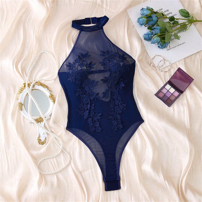 Euro-American New Sexy Lingerie Bodysuit Sheer Mesh Fabric Floral Embroidery Halter Neck Backless Slim Fit Seductive Intimate Nightwear for African Women