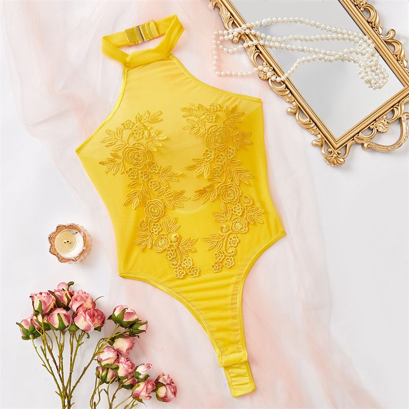 Euro-American New Sexy Lingerie Bodysuit Sheer Mesh Fabric Floral Embroidery Halter Neck Backless Slim Fit Seductive Intimate Nightwear for African Women