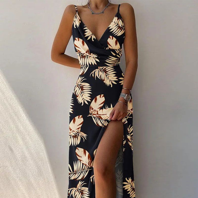 2025 New Fashion Women's Dresses Suspender V-neck Waist High Slit Printed Long Skirt Suitable for Holiday Casual Party Evening Dress Lady