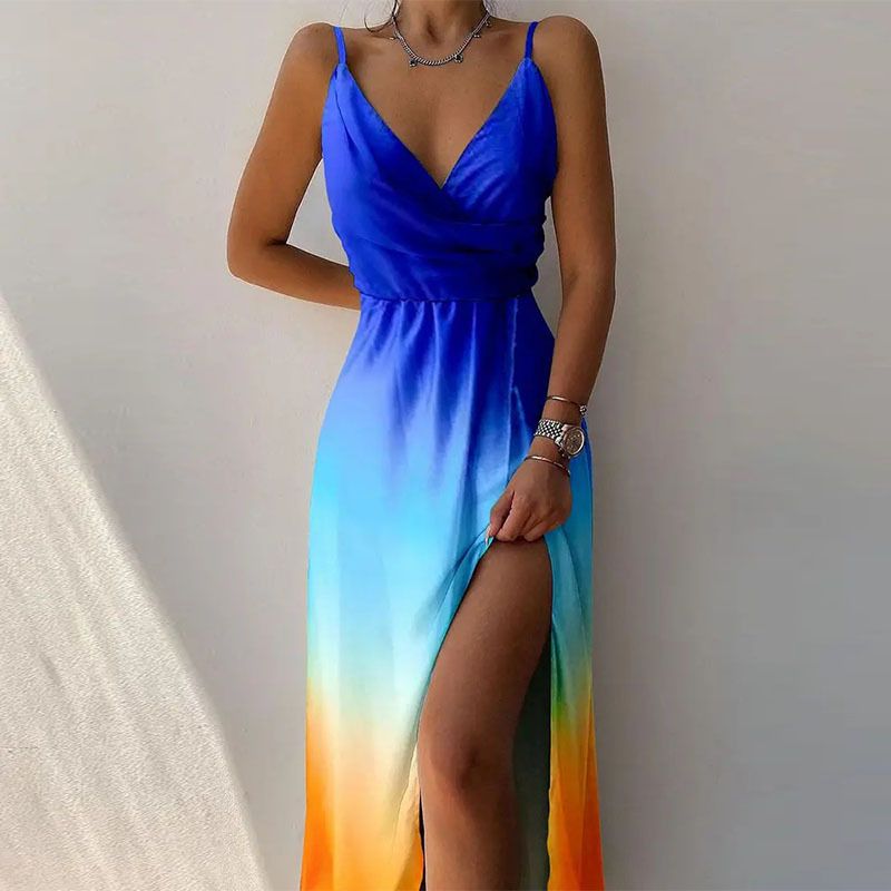 2025 New Fashion Women's Dresses Suspender V-neck Waist High Slit Printed Long Skirt Suitable for Holiday Casual Party Evening Dress Lady