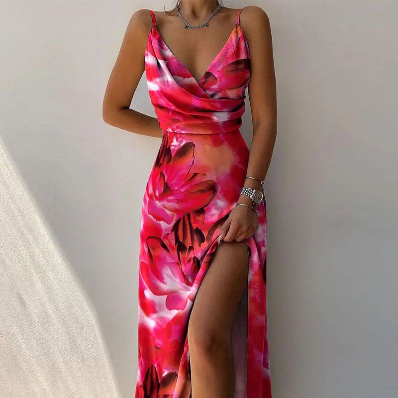 2025 New Fashion Women's Dresses Suspender V-neck Waist High Slit Printed Long Skirt Suitable for Holiday Casual Party Evening Dress Lady