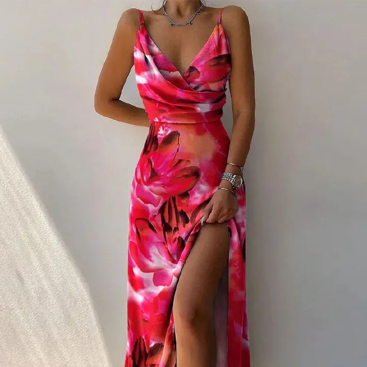 2025 New Fashion Women's Dresses Suspender V-neck Waist High Slit Printed Long Skirt Suitable for Holiday Casual Party Evening Dress Lady