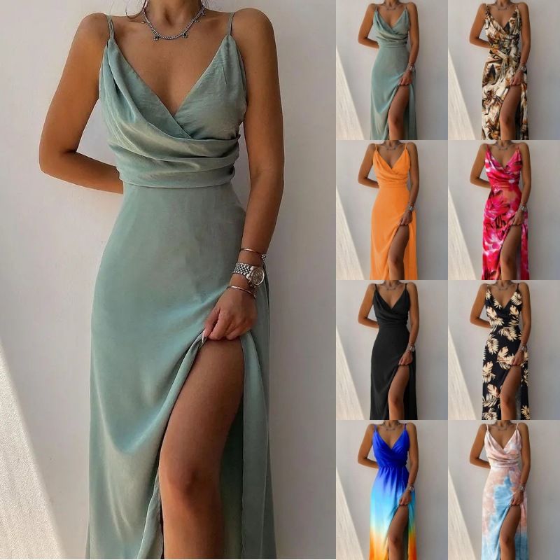 2025 New Fashion Women's Dresses Suspender V-neck Waist High Slit Printed Long Skirt Suitable for Holiday Casual Party Evening Dress Lady