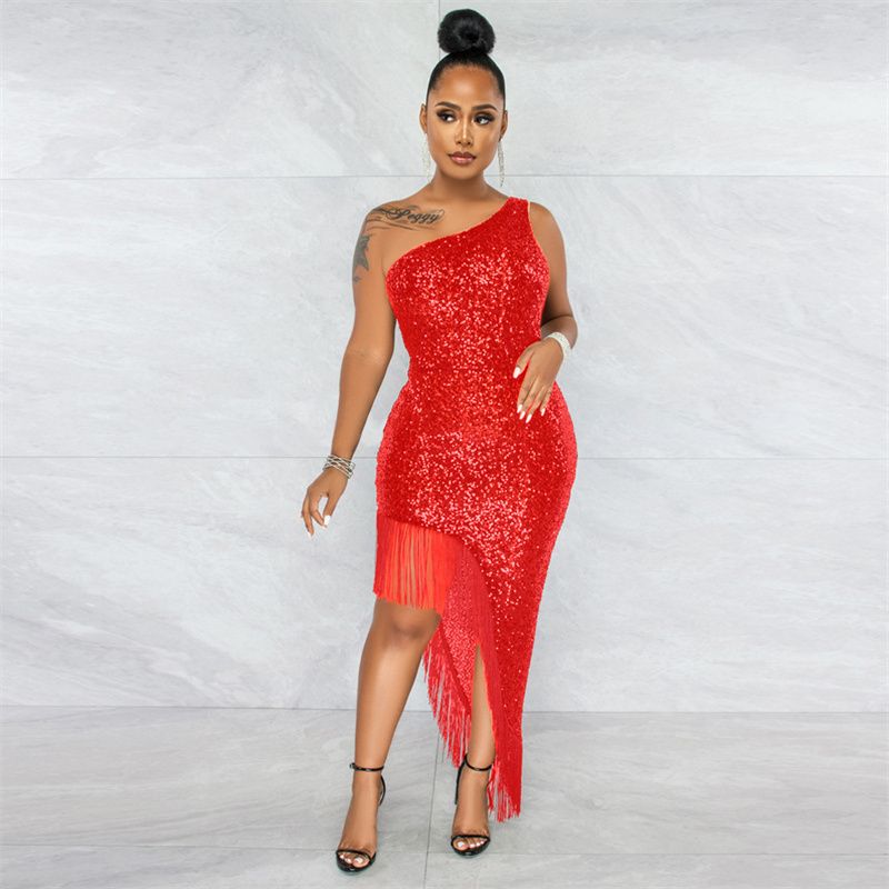 2025 European & American Trendy One-Shoulder Sequin Dresses with Asymmetric Fringe Hem - Slimming Evening Dress Lady for Parties