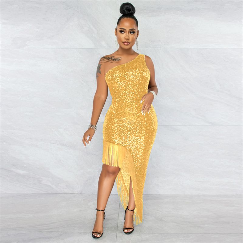 2025 European & American Trendy One-Shoulder Sequin Dresses with Asymmetric Fringe Hem - Slimming Evening Dress Lady for Parties