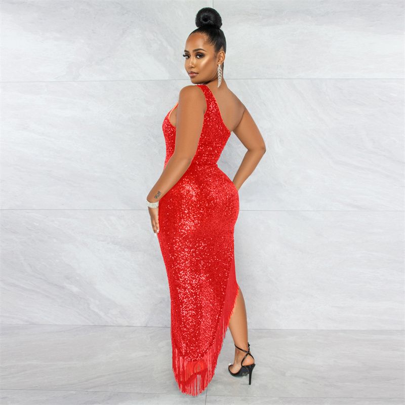 2025 European & American Trendy One-Shoulder Sequin Dresses with Asymmetric Fringe Hem - Slimming Evening Dress Lady for Parties