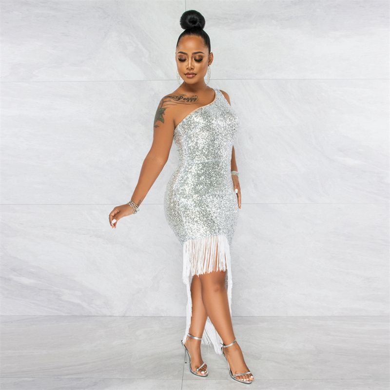 2025 European & American Trendy One-Shoulder Sequin Dresses with Asymmetric Fringe Hem - Slimming Evening Dress Lady for Parties