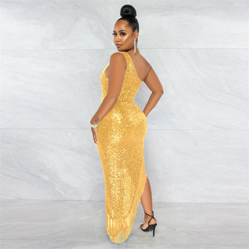 2025 European & American Trendy One-Shoulder Sequin Dresses with Asymmetric Fringe Hem - Slimming Evening Dress Lady for Parties