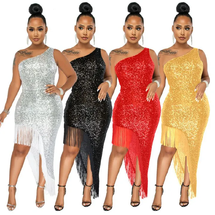 2025 European & American Trendy One-Shoulder Sequin Dresses with Asymmetric Fringe Hem - Slimming Evening Dress Lady for Parties