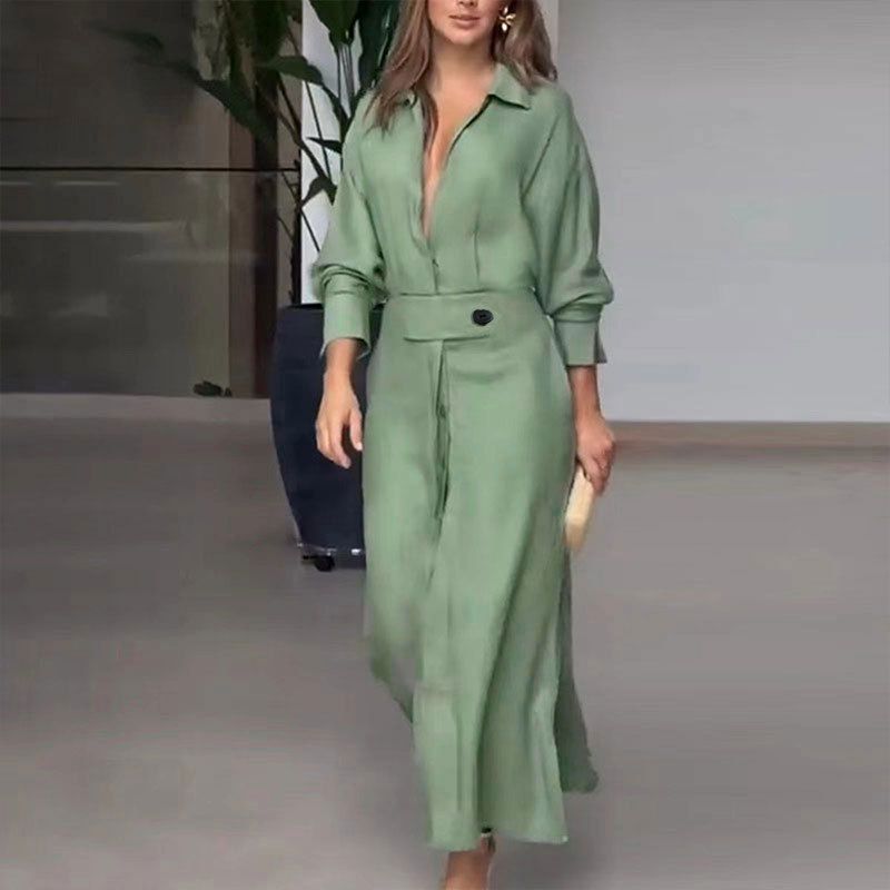 2025 New Collared Long Sleeve Shirt-Style Maxi Dresses - Women's Elegant Belted Waist Solid Color Office Chic Dress with Slit Hem Design