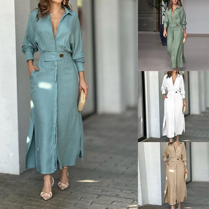 2025 New Collared Long Sleeve Shirt-Style Maxi Dresses - Women's Elegant Belted Waist Solid Color Office Chic Dress with Slit Hem Design