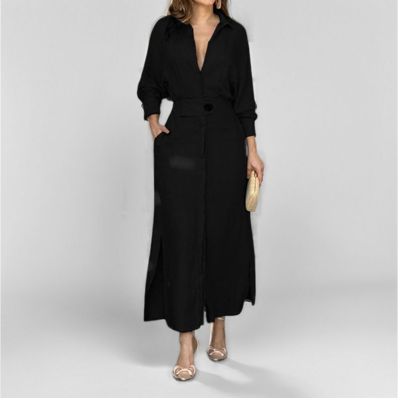 2025 New Collared Long Sleeve Shirt-Style Maxi Dresses - Women's Elegant Belted Waist Solid Color Office Chic Dress with Slit Hem Design