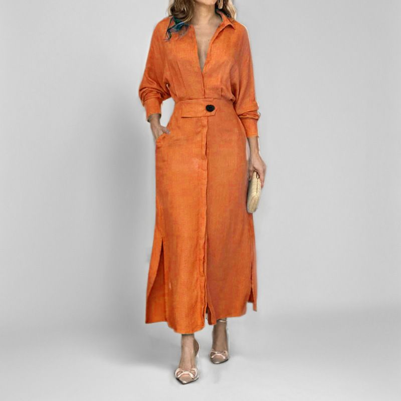 2025 New Collared Long Sleeve Shirt-Style Maxi Dresses - Women's Elegant Belted Waist Solid Color Office Chic Dress with Slit Hem Design