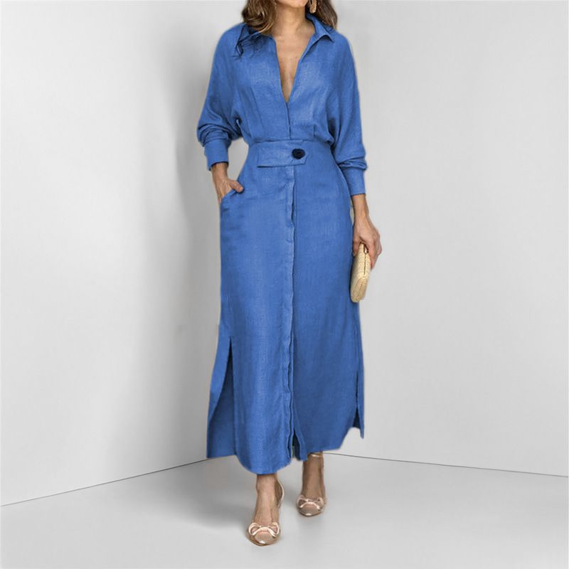 2025 New Collared Long Sleeve Shirt-Style Maxi Dresses - Women's Elegant Belted Waist Solid Color Office Chic Dress with Slit Hem Design