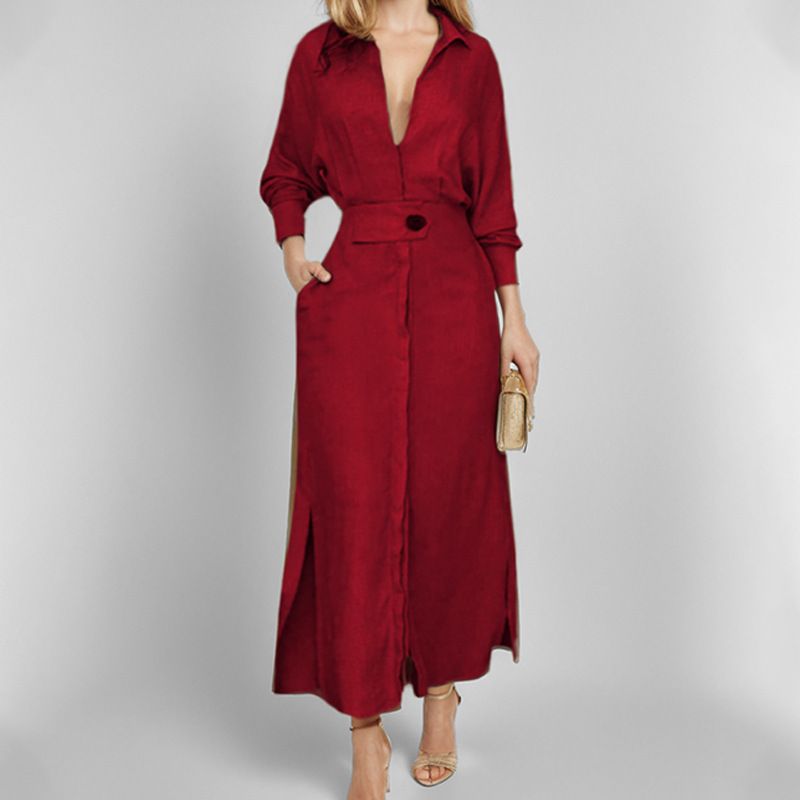 2025 New Collared Long Sleeve Shirt-Style Maxi Dresses - Women's Elegant Belted Waist Solid Color Office Chic Dress with Slit Hem Design