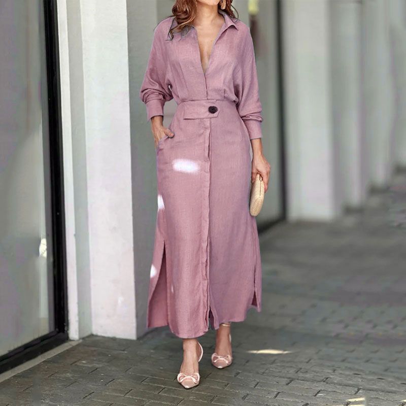 2025 New Collared Long Sleeve Shirt-Style Maxi Dresses - Women's Elegant Belted Waist Solid Color Office Chic Dress with Slit Hem Design