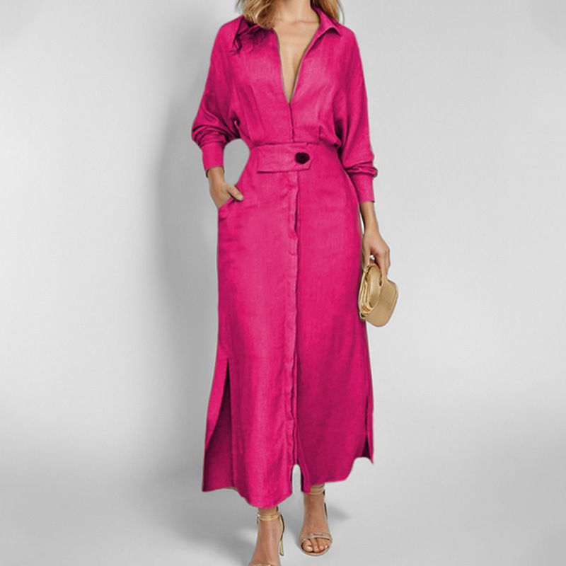 2025 New Collared Long Sleeve Shirt-Style Maxi Dresses - Women's Elegant Belted Waist Solid Color Office Chic Dress with Slit Hem Design