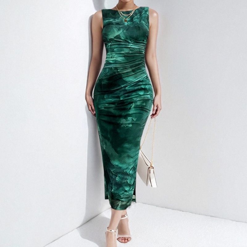 2025 New Summer Sleeveless Floral Print Dresses - Elegant Waist-Defining Maxi Dress with High Slit & Sexy Tropical Pattern | Casual & Evening Party Chic
