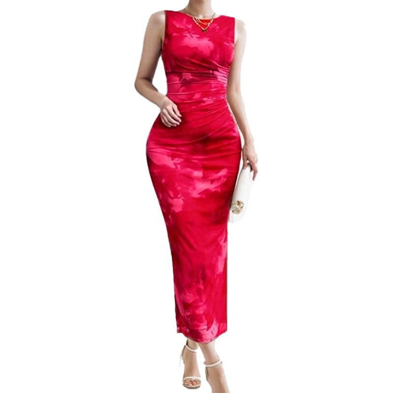 2025 New Summer Sleeveless Floral Print Dresses - Elegant Waist-Defining Maxi Dress with High Slit & Sexy Tropical Pattern | Casual & Evening Party Chic