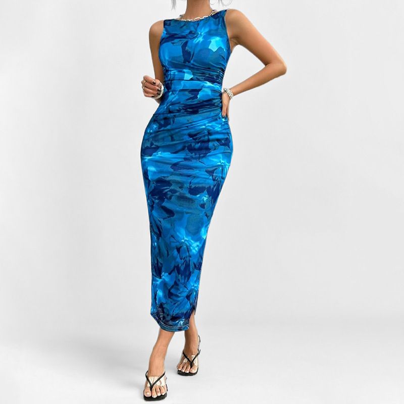 2025 New Summer Sleeveless Floral Print Dresses - Elegant Waist-Defining Maxi Dress with High Slit & Sexy Tropical Pattern | Casual & Evening Party Chic